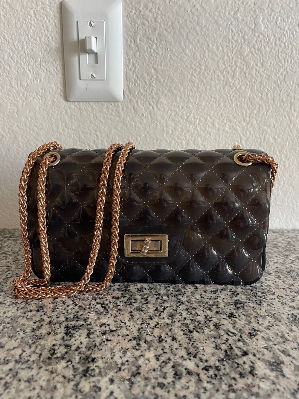 Quilted Black Patent Leather Crossbody Chain Shoulder Bag with Gold Hardware